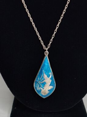 Sterling Silver Teardrop Dancing Siam Blue Enamel Pendant Necklace